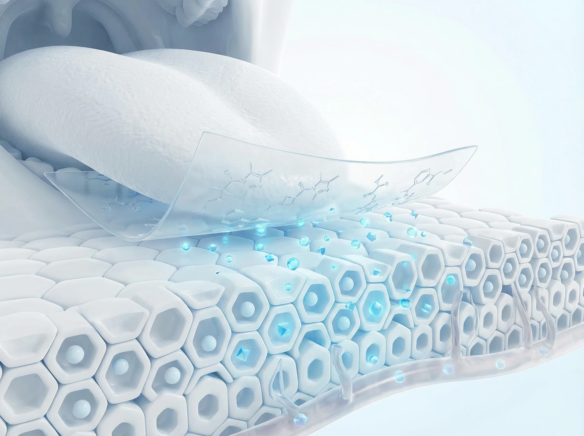 Sublingual film drug delivery illustration showing molecular absorption through oral mucosa